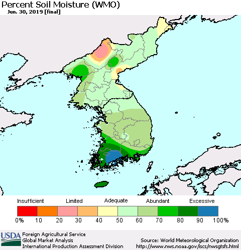 Korea Percent Soil Moisture (WMO) Thematic Map For 6/24/2019 - 6/30/2019