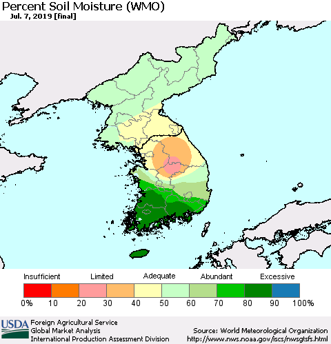 Korea Percent Soil Moisture (WMO) Thematic Map For 7/1/2019 - 7/7/2019