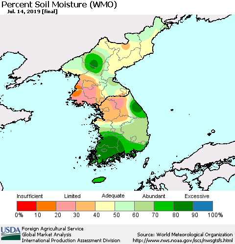 Korea Percent Soil Moisture (WMO) Thematic Map For 7/8/2019 - 7/14/2019