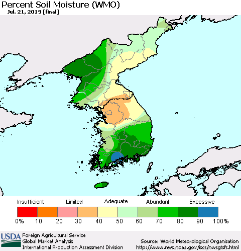 Korea Percent Soil Moisture (WMO) Thematic Map For 7/15/2019 - 7/21/2019