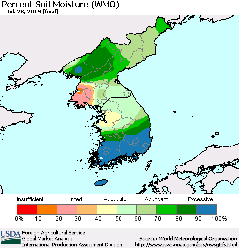 Korea Percent Soil Moisture (WMO) Thematic Map For 7/22/2019 - 7/28/2019
