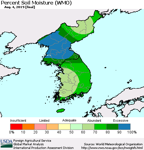 Korea Percent Soil Moisture (WMO) Thematic Map For 7/29/2019 - 8/4/2019