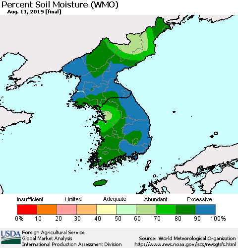 Korea Percent Soil Moisture (WMO) Thematic Map For 8/5/2019 - 8/11/2019