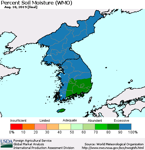 Korea Percent Soil Moisture (WMO) Thematic Map For 8/12/2019 - 8/18/2019
