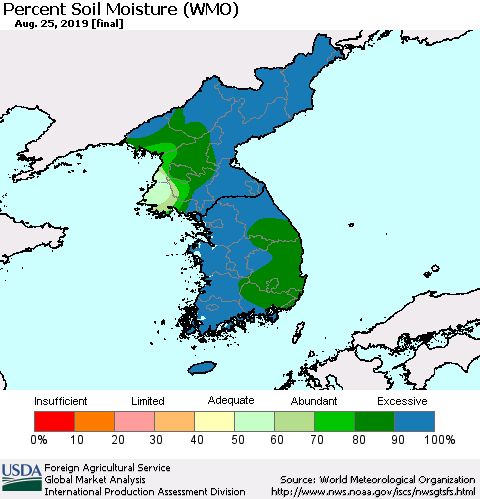 Korea Percent Soil Moisture (WMO) Thematic Map For 8/19/2019 - 8/25/2019