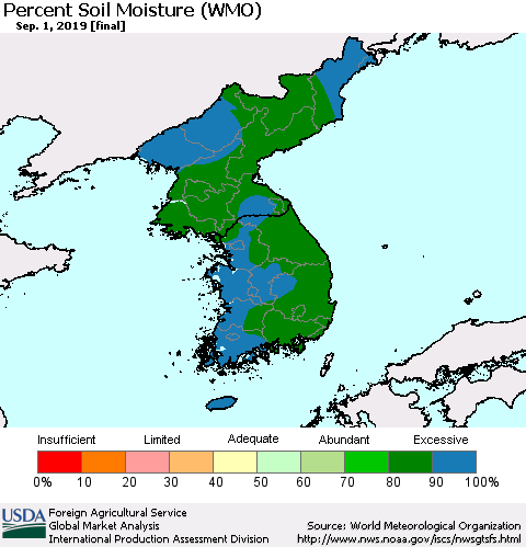 Korea Percent Soil Moisture (WMO) Thematic Map For 8/26/2019 - 9/1/2019