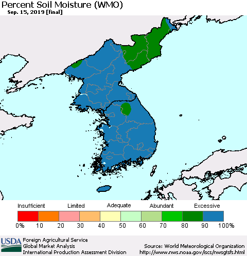 Korea Percent Soil Moisture (WMO) Thematic Map For 9/9/2019 - 9/15/2019
