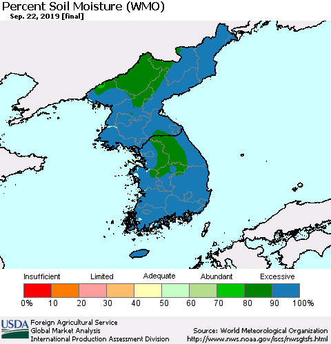 Korea Percent Soil Moisture (WMO) Thematic Map For 9/16/2019 - 9/22/2019