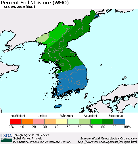Korea Percent Soil Moisture (WMO) Thematic Map For 9/23/2019 - 9/29/2019