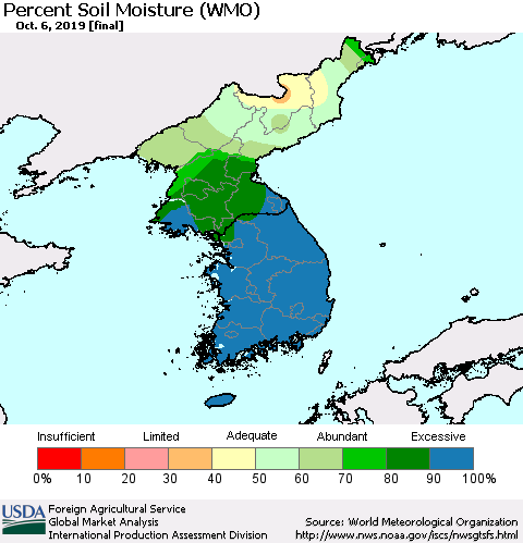 Korea Percent Soil Moisture (WMO) Thematic Map For 9/30/2019 - 10/6/2019