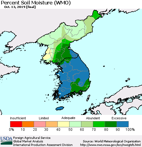 Korea Percent Soil Moisture (WMO) Thematic Map For 10/7/2019 - 10/13/2019