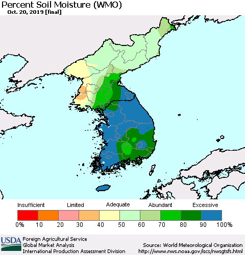 Korea Percent Soil Moisture (WMO) Thematic Map For 10/14/2019 - 10/20/2019