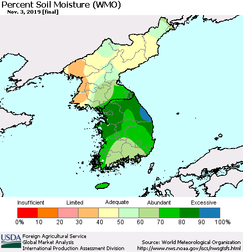 Korea Percent Soil Moisture (WMO) Thematic Map For 10/28/2019 - 11/3/2019