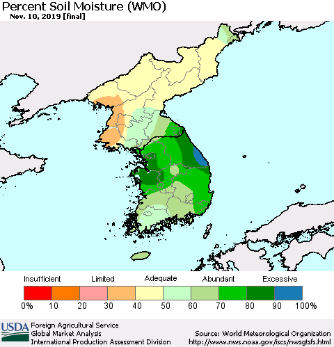 Korea Percent Soil Moisture (WMO) Thematic Map For 11/4/2019 - 11/10/2019