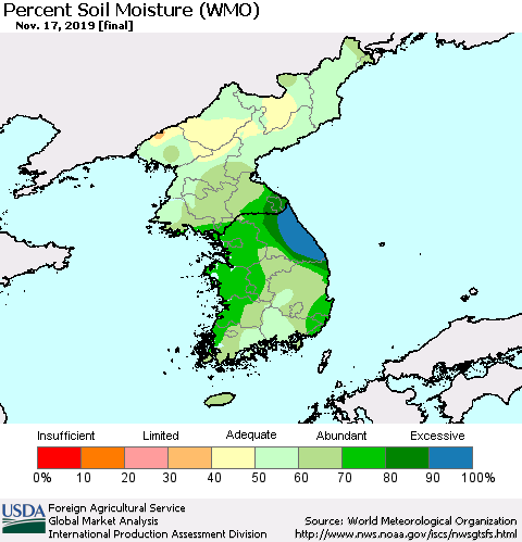 Korea Percent Soil Moisture (WMO) Thematic Map For 11/11/2019 - 11/17/2019
