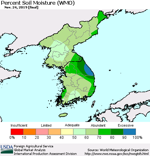 Korea Percent Soil Moisture (WMO) Thematic Map For 11/18/2019 - 11/24/2019
