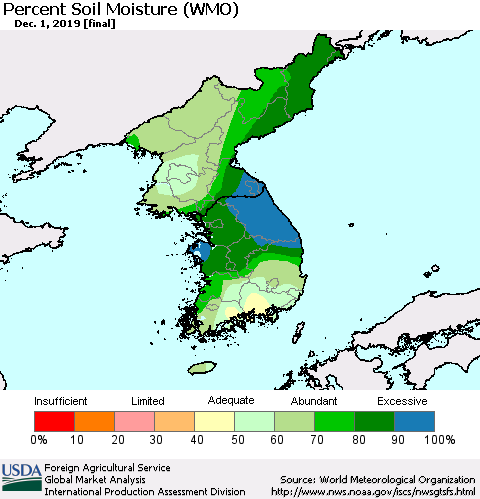 Korea Percent Soil Moisture (WMO) Thematic Map For 11/25/2019 - 12/1/2019