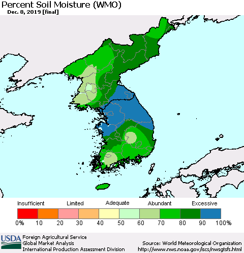 Korea Percent Soil Moisture (WMO) Thematic Map For 12/2/2019 - 12/8/2019