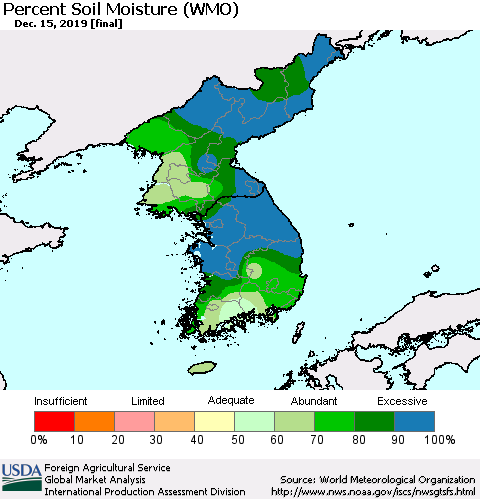 Korea Percent Soil Moisture (WMO) Thematic Map For 12/9/2019 - 12/15/2019
