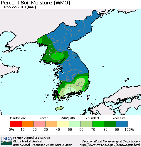 Korea Percent Soil Moisture (WMO) Thematic Map For 12/16/2019 - 12/22/2019
