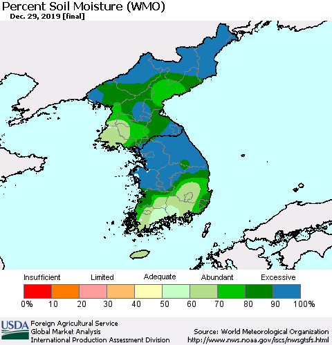 Korea Percent Soil Moisture (WMO) Thematic Map For 12/23/2019 - 12/29/2019