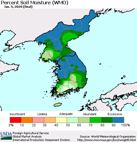 Korea Percent Soil Moisture (WMO) Thematic Map For 12/30/2019 - 1/5/2020