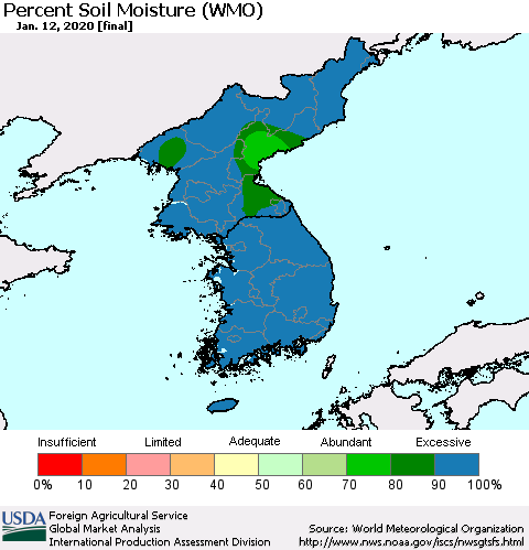 Korea Percent Soil Moisture (WMO) Thematic Map For 1/6/2020 - 1/12/2020