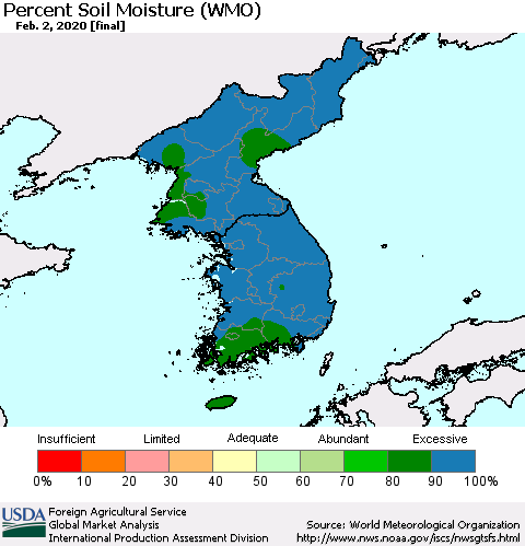 Korea Percent Soil Moisture (WMO) Thematic Map For 1/27/2020 - 2/2/2020