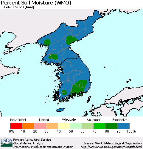 Korea Percent Soil Moisture (WMO) Thematic Map For 2/3/2020 - 2/9/2020