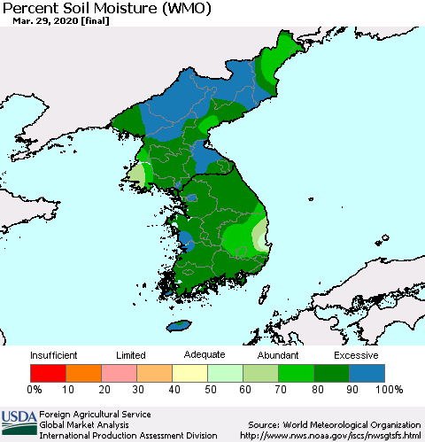 Korea Percent Soil Moisture (WMO) Thematic Map For 3/23/2020 - 3/29/2020