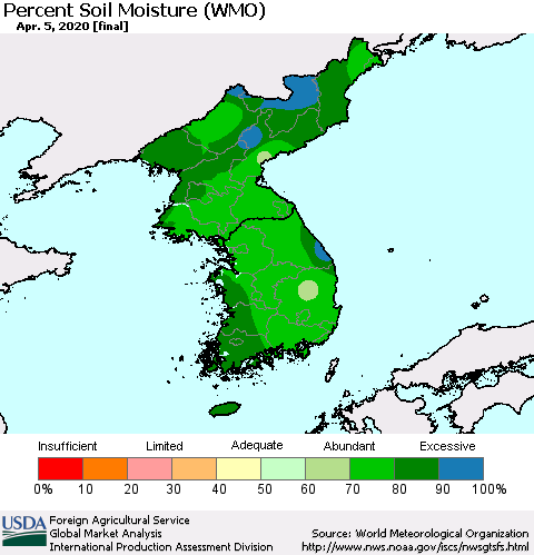 Korea Percent Soil Moisture (WMO) Thematic Map For 3/30/2020 - 4/5/2020
