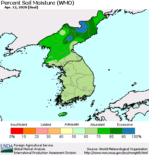 Korea Percent Soil Moisture (WMO) Thematic Map For 4/6/2020 - 4/12/2020