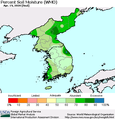 Korea Percent Soil Moisture (WMO) Thematic Map For 4/13/2020 - 4/19/2020