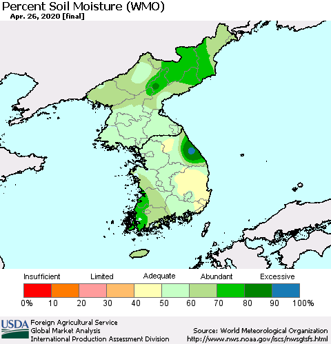 Korea Percent Soil Moisture (WMO) Thematic Map For 4/20/2020 - 4/26/2020