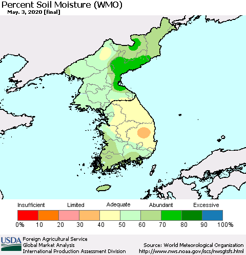 Korea Percent Soil Moisture (WMO) Thematic Map For 4/27/2020 - 5/3/2020