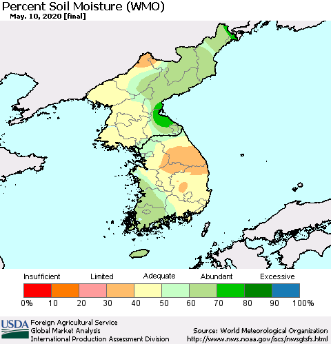 Korea Percent Soil Moisture (WMO) Thematic Map For 5/4/2020 - 5/10/2020