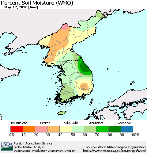 Korea Percent Soil Moisture (WMO) Thematic Map For 5/11/2020 - 5/17/2020