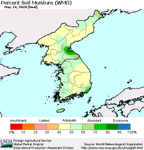 Korea Percent Soil Moisture (WMO) Thematic Map For 5/18/2020 - 5/24/2020