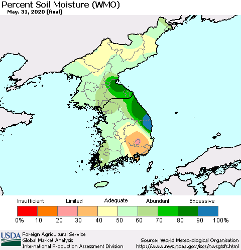Korea Percent Soil Moisture (WMO) Thematic Map For 5/25/2020 - 5/31/2020