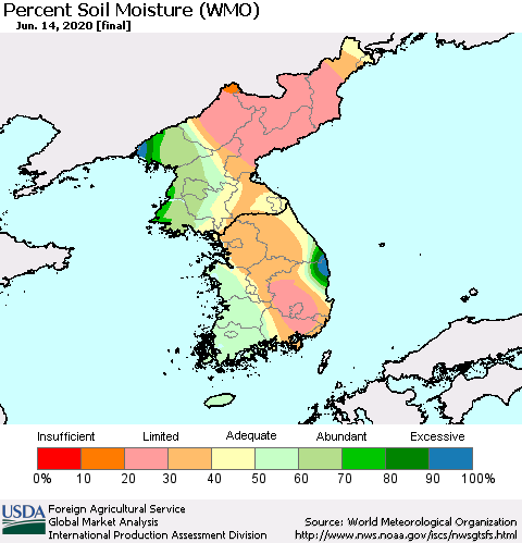 Korea Percent Soil Moisture (WMO) Thematic Map For 6/8/2020 - 6/14/2020