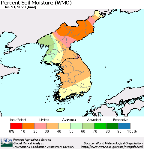 Korea Percent Soil Moisture (WMO) Thematic Map For 6/15/2020 - 6/21/2020