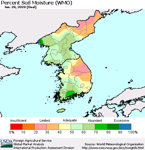 Korea Percent Soil Moisture (WMO) Thematic Map For 6/22/2020 - 6/28/2020
