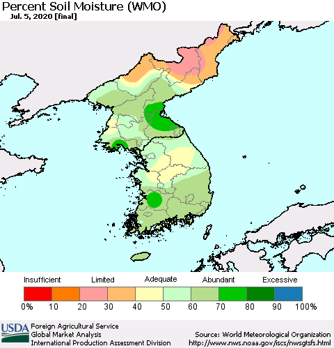 Korea Percent Soil Moisture (WMO) Thematic Map For 6/29/2020 - 7/5/2020