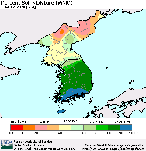 Korea Percent Soil Moisture (WMO) Thematic Map For 7/6/2020 - 7/12/2020