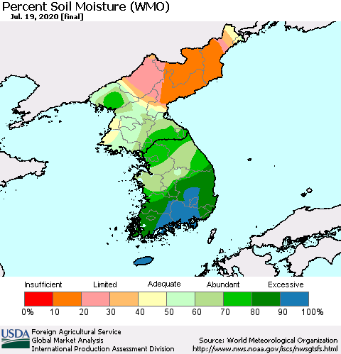 Korea Percent Soil Moisture (WMO) Thematic Map For 7/13/2020 - 7/19/2020