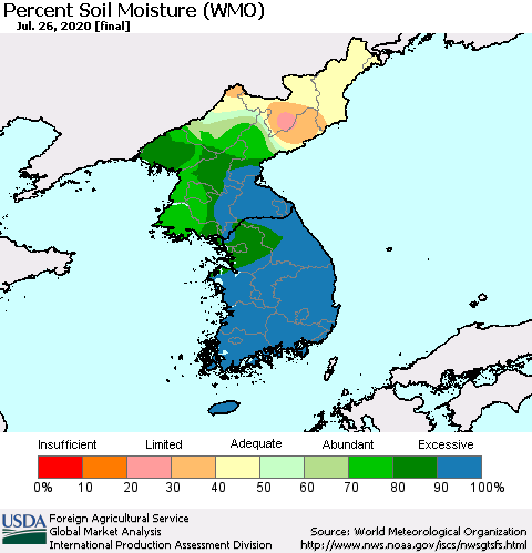 Korea Percent Soil Moisture (WMO) Thematic Map For 7/20/2020 - 7/26/2020