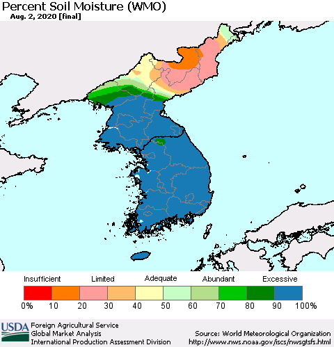 Korea Percent Soil Moisture (WMO) Thematic Map For 7/27/2020 - 8/2/2020
