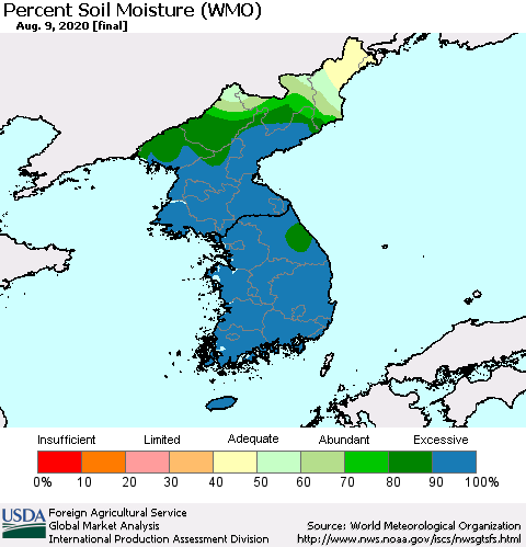 Korea Percent Soil Moisture (WMO) Thematic Map For 8/3/2020 - 8/9/2020