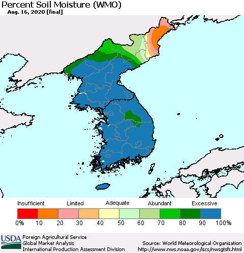 Korea Percent Soil Moisture (WMO) Thematic Map For 8/10/2020 - 8/16/2020