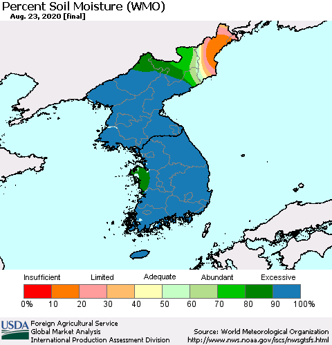 Korea Percent Soil Moisture (WMO) Thematic Map For 8/17/2020 - 8/23/2020